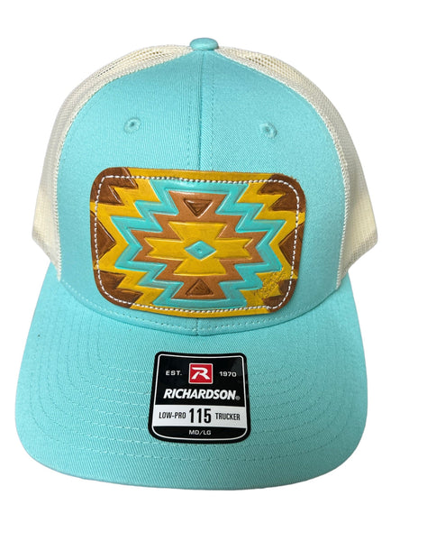 Brand of Bliss Aztec Mustard- Turquoise Leather Patch Engraved Hats