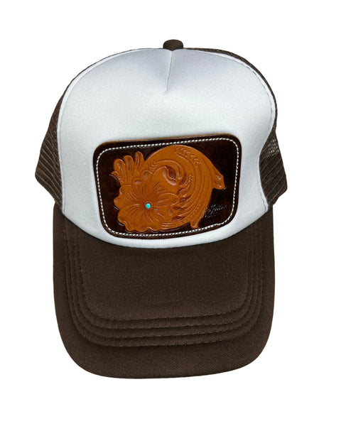 Brand of Bliss Brown & White Foam Trucker Leather Patch Engraved Hats