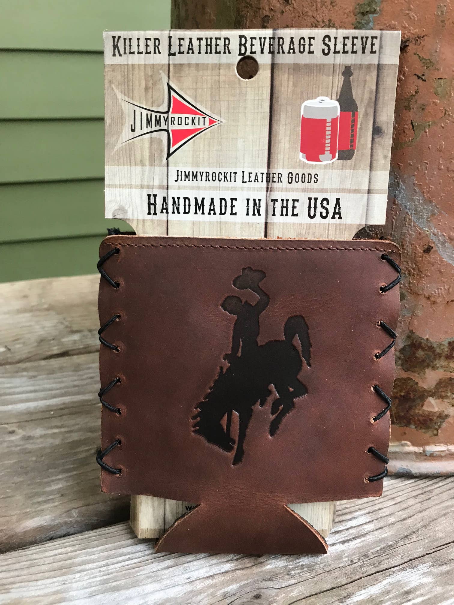 Brand of Bliss Bucking Horse & Rider Cowboy Leather Can Cooler - Koozie