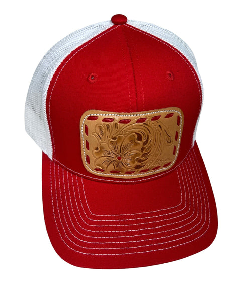 Brand of Bliss Buckstitch- Red & White Leather Patch Engraved Hats