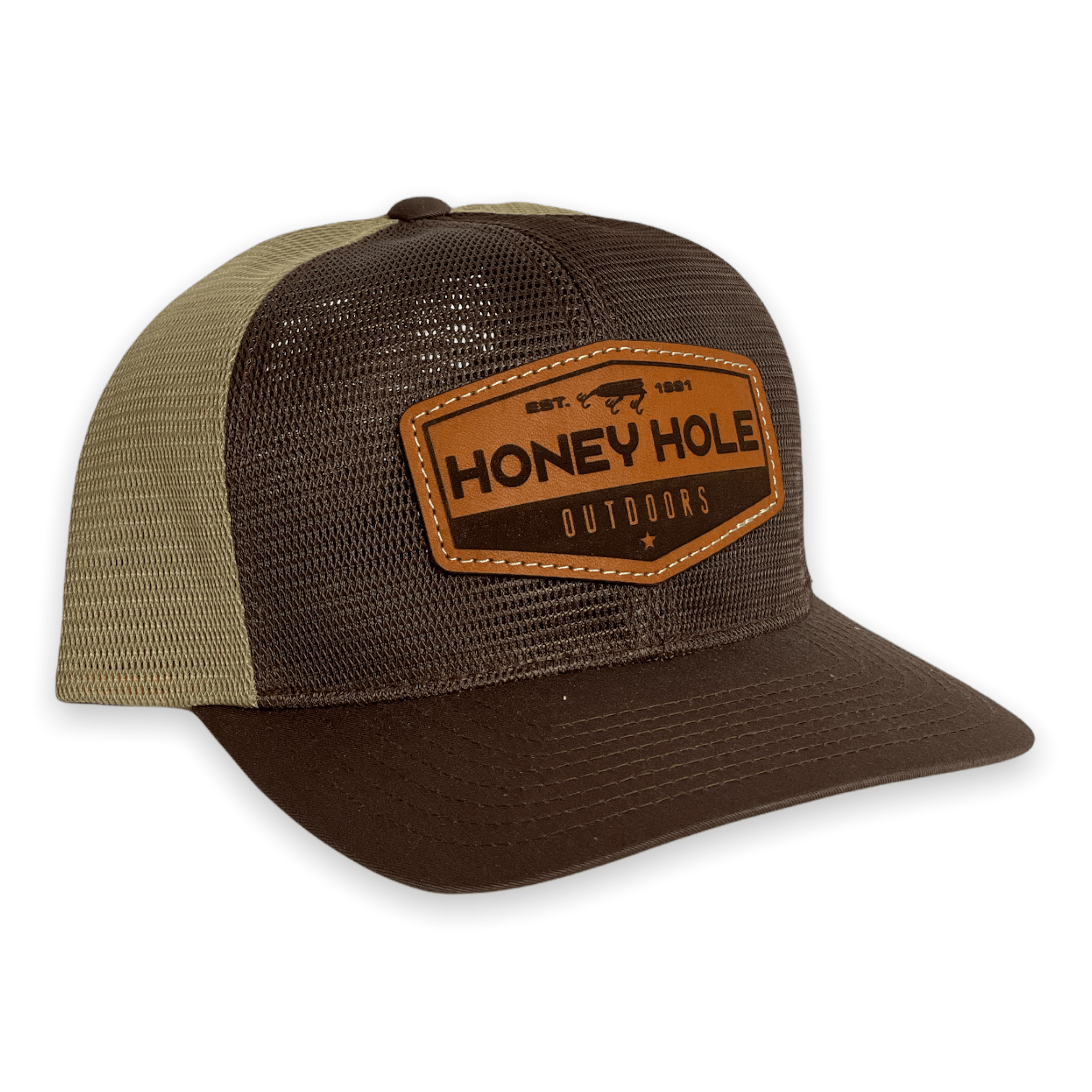 Honey Hole Outdoors Snapback - Leather OG Hex - Brown Khaki